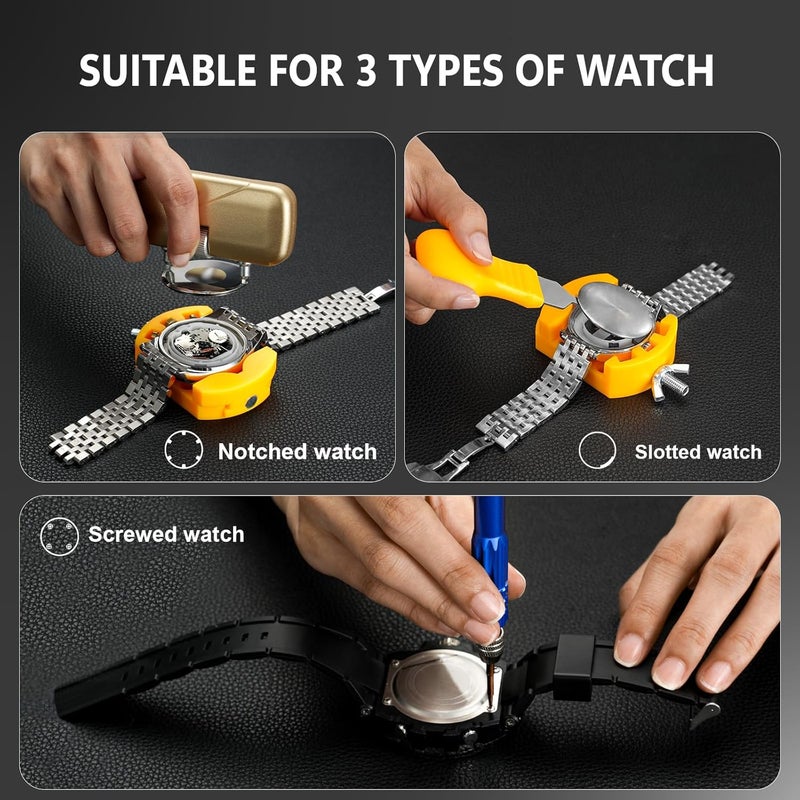 Jorest طقم إصلاح الساعات + أداة ضغط الساعات، استبدال البطارية، ضبط الحزام، مفتاح فتح الغطاء الخلفي، مفتاح فتح/إغلاق العلبة، مزيل الروابط لتعديل السوار، مفك إزالة دبابيس السوار، بار الربيع - Image 4